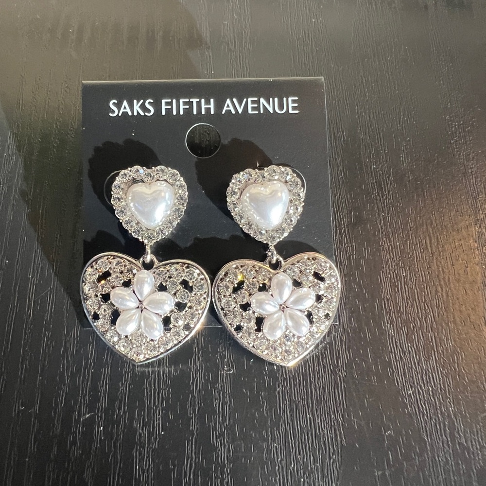 Saks Fifth Avenue Silver and White Heart Drop Earrings